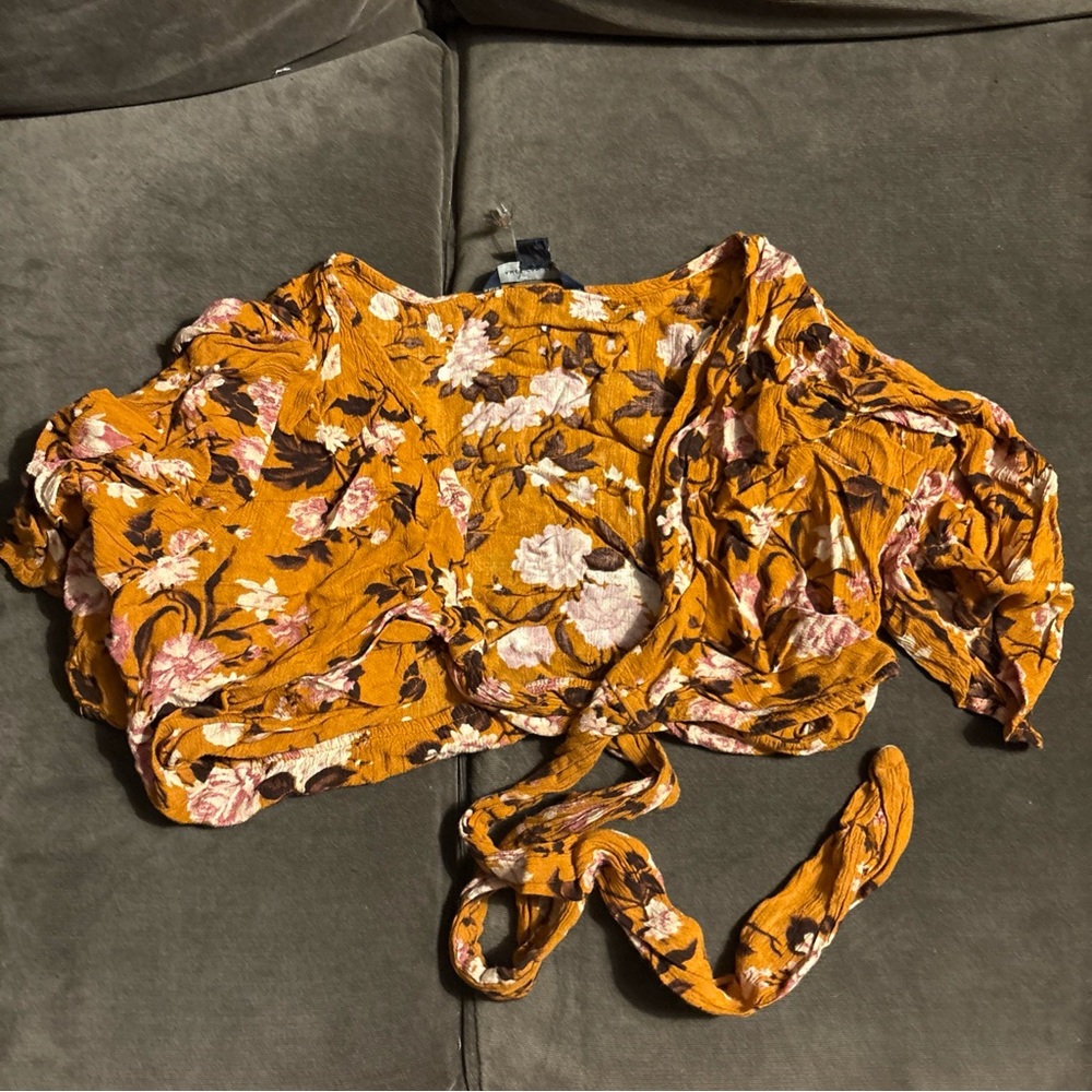 American Eagle Outfitters Mustard Floral Wrap Blouse